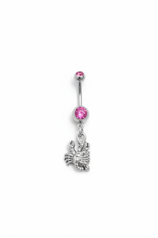 Pink Crystal Scorpio Belly Button Ring in 316l stainless steel close up detail.