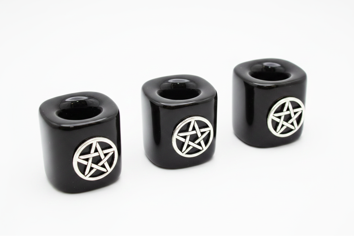Black Pentagram Ceramic Mini Candle Holder Set of Three on a white background.