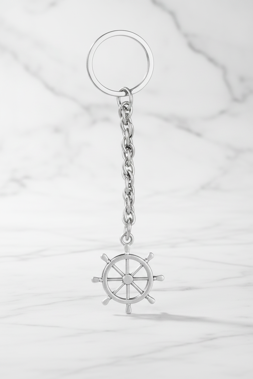 Ship Wheel Handmade Silver Plated Charm Keychain on a marble surface.