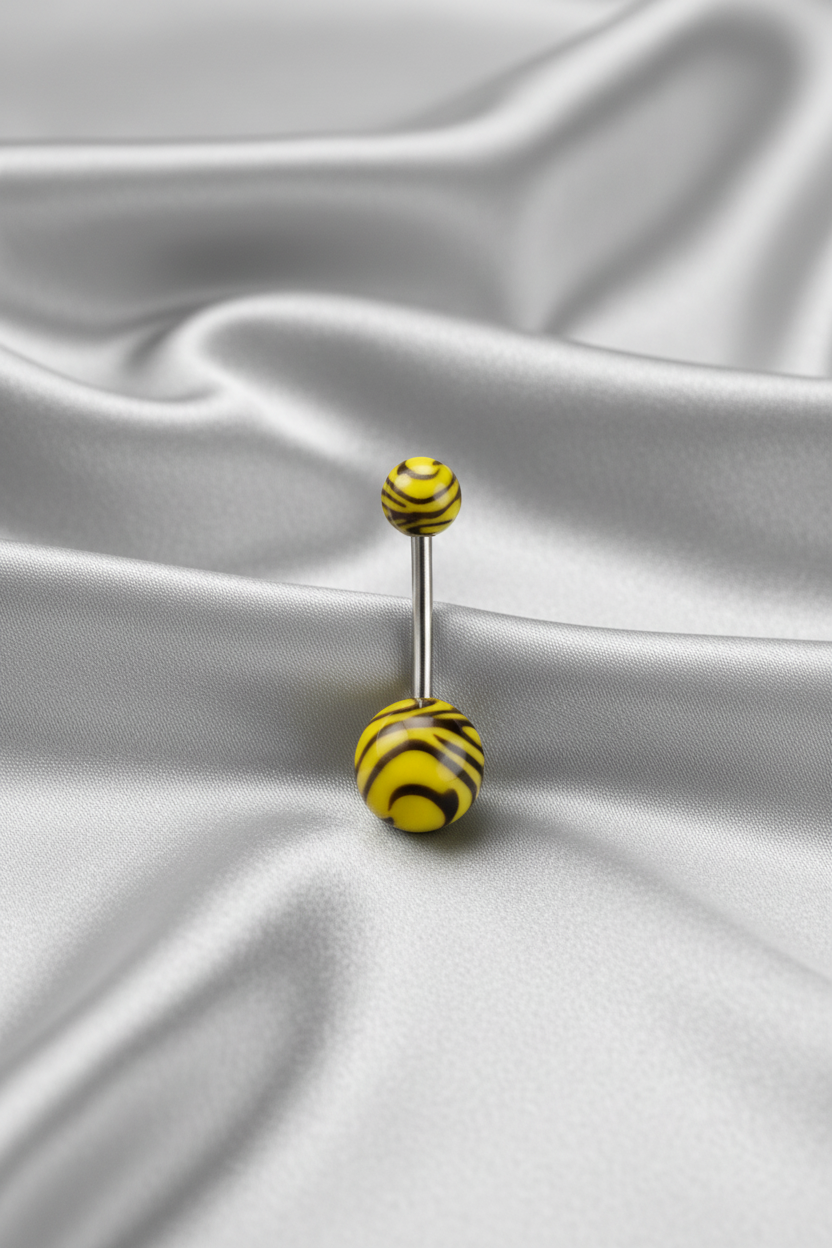 Yellow Tiger Striped acrylic belly button ring - 316L stainless steel