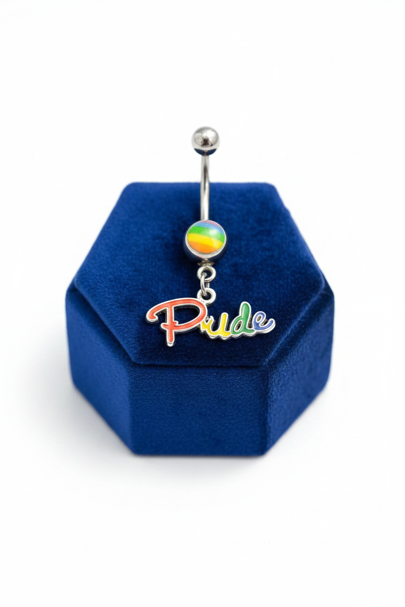 Rainbow Pride Belly Button Ring in 316l stainless steel on a blue velvet jewelry display.