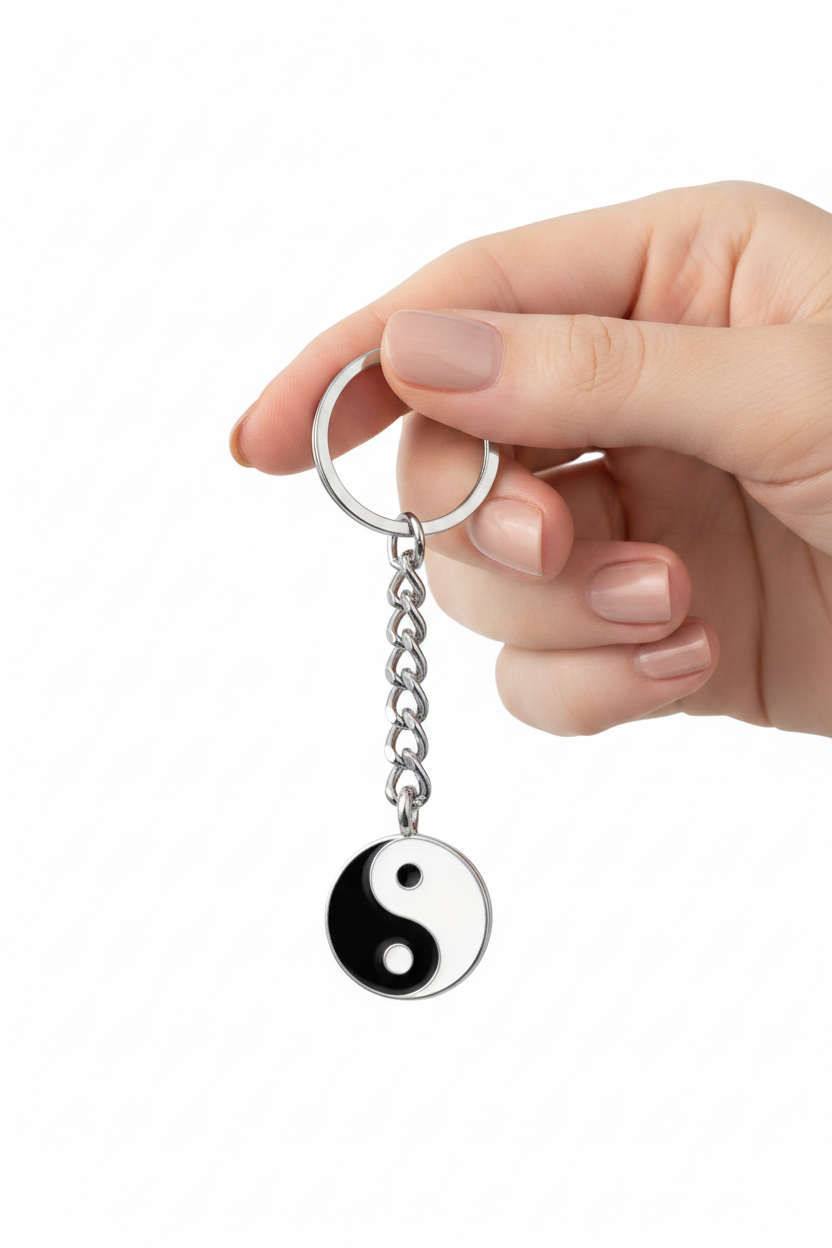 Black and White Enamel Yin Yang Handmade Pewter Charm Keychain held by a hand showing scale.