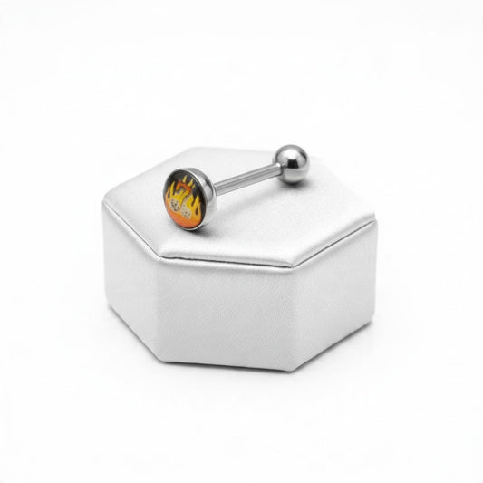 Flaming 7 Tongue Barbell in stainless steel 316l on a silver silk jewelry display.