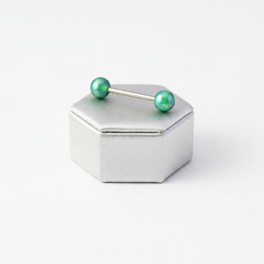 Green Acrylic Tongue Barbell in 316l stainless steel on a silver silk jewelry display.