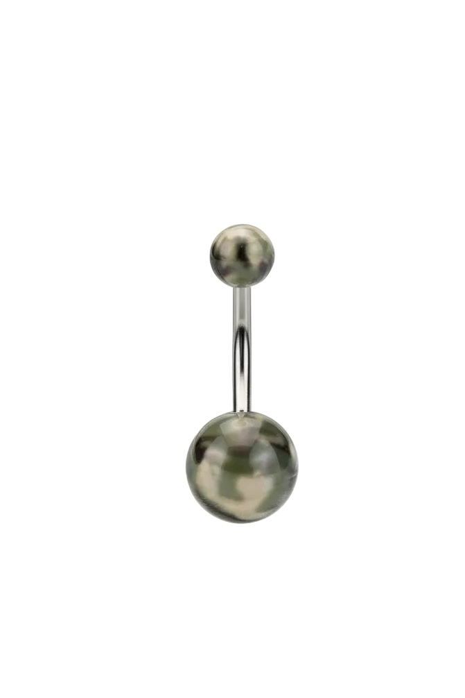 Green Camouflage Acrylic Belly Button Ring in 316l stainless steel on a white background.
