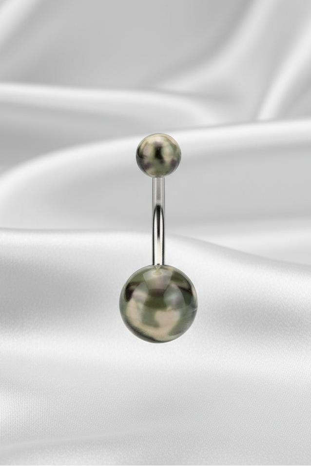 Green Camouflage Acrylic Belly Button Ring in 316l stainless steel on silver silk fabric.