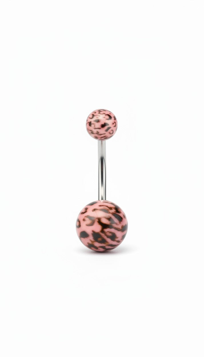 Pink Leopard Print Acrylic Belly Button Ring in 316l stainless steel on a white background.