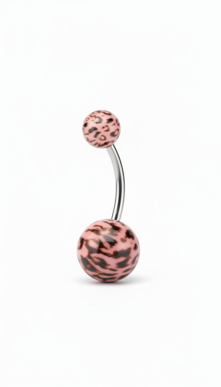 Pink Leopard Print Acrylic Belly Button Ring in 316l stainless steel on a white background left facing.