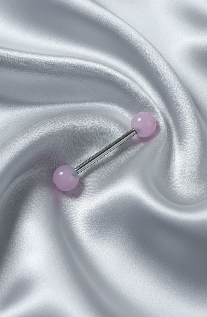 Light Purple Glow acrylic tongue barbell in 316l stainless steel