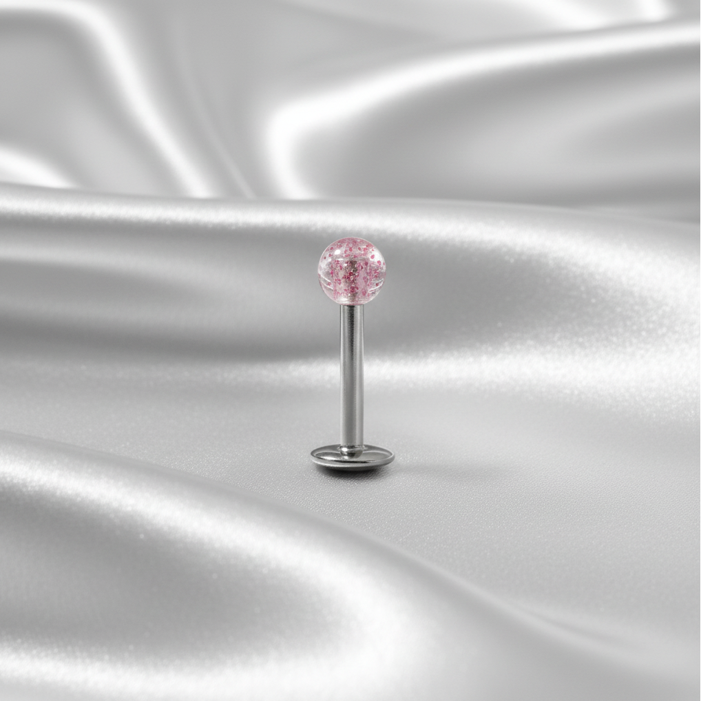 Pink Acrylic Labret Lip Ring in 316l stainless steel.