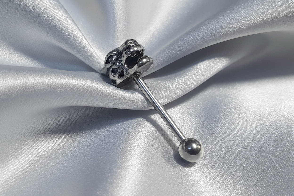 Panther Head tongue barbell in 316l stainless steel close up detail