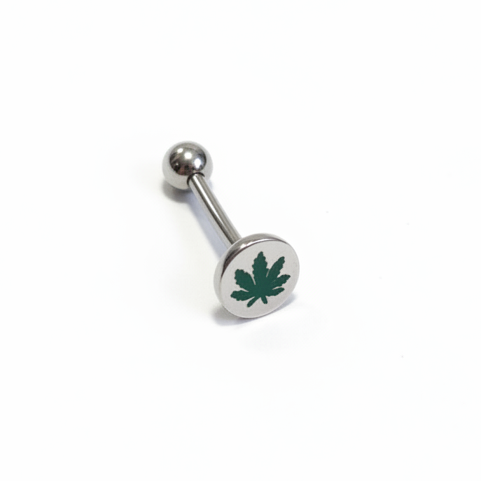 Steel Green Leaf Tongue Barbell in 316l stainless steel in close up detail.
