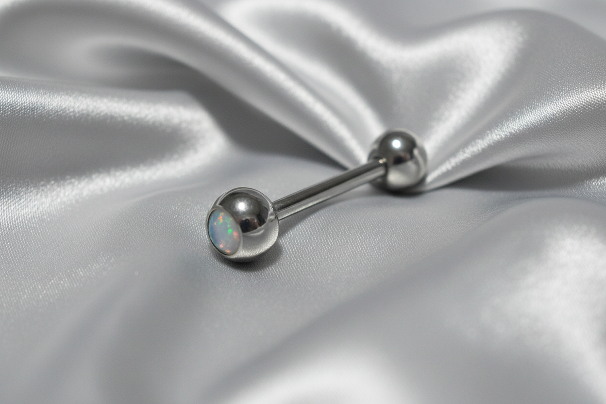 White Opal tongue barbell  316l stainless steel