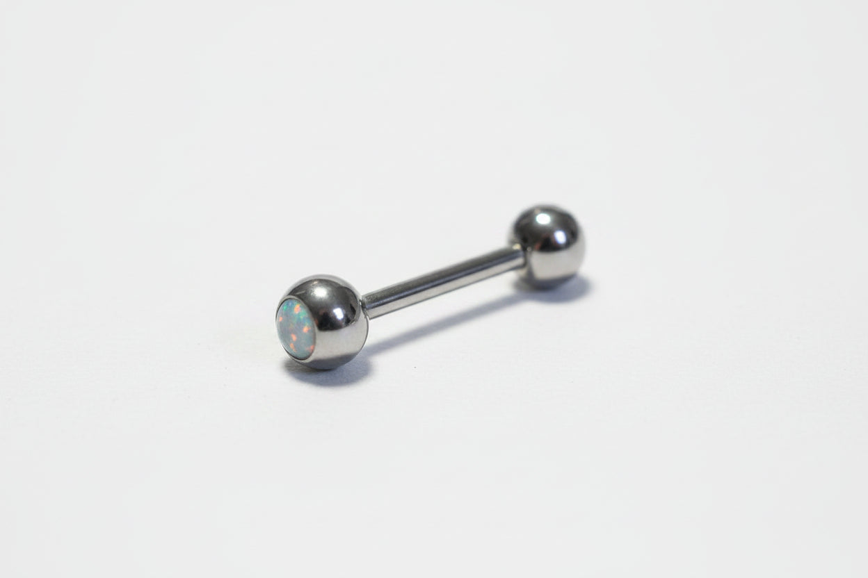 White Opal tongue barbell  316l stainless steel