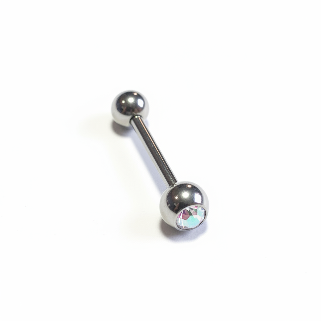 Clear Aurora Crystal tongue barbell in 316l stainless steel close up detail
