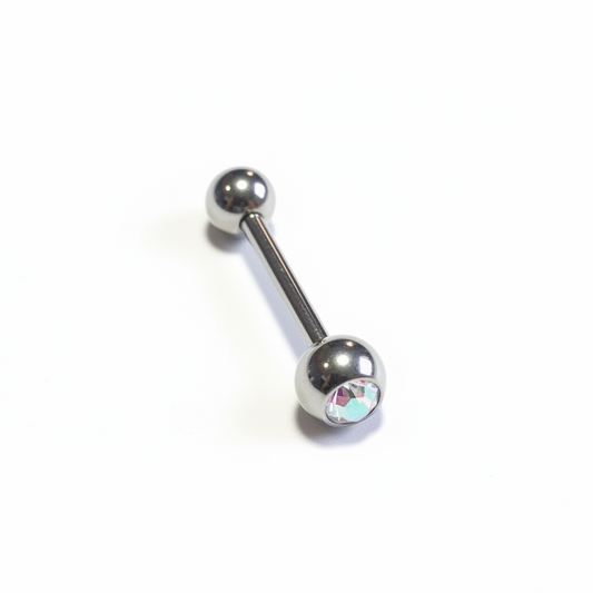 Clear Aurora Crystal tongue barbell in 316l stainless steel close up detail