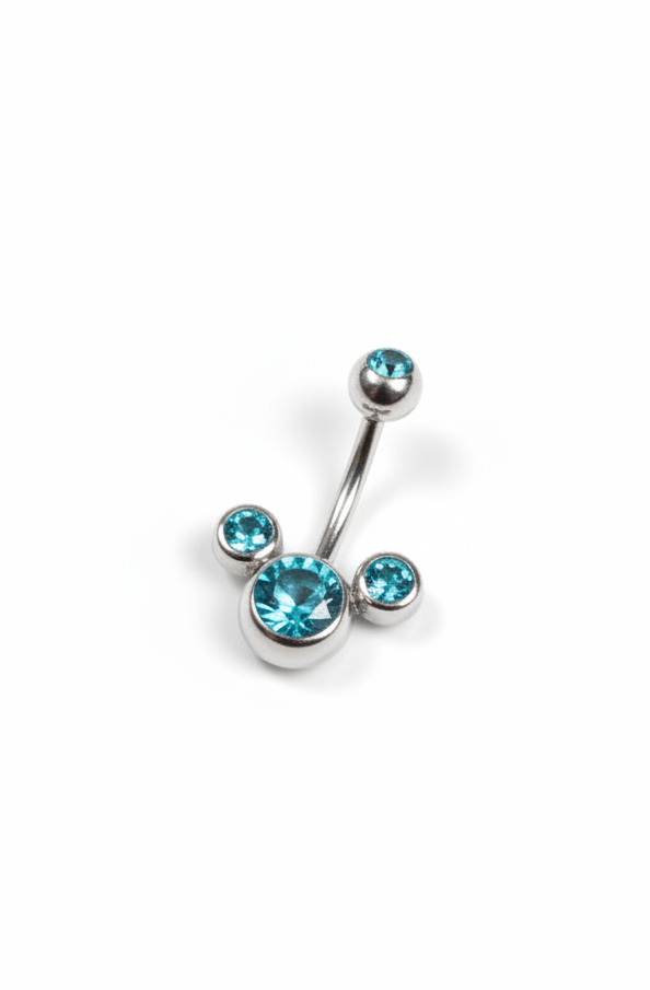Aqua Crystal Belly Button Ring in 316l stainless steel on a white background.