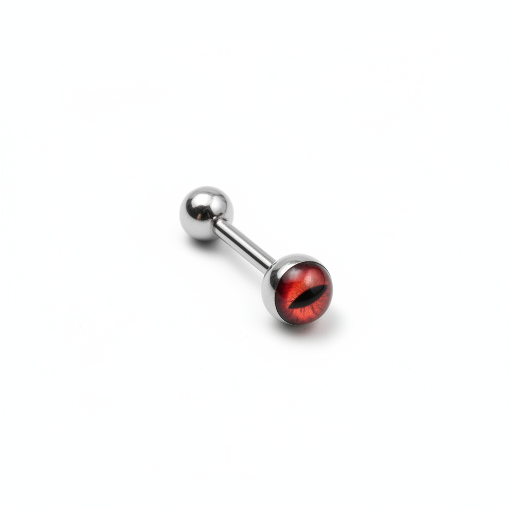 Red Snake Eye tongue barbell in 316l stainless steel close up detail