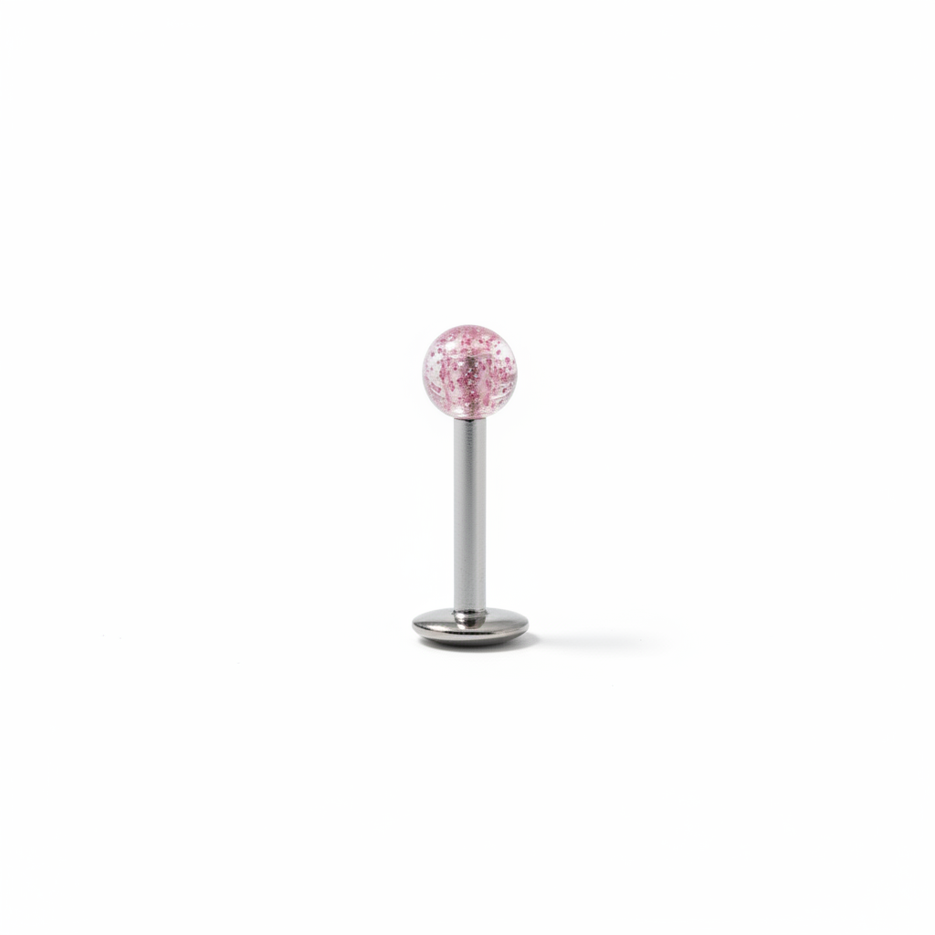 Pink Acrylic Labret Lip Ring in 316l stainless steel close up detail.