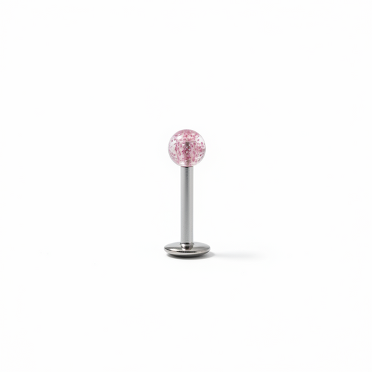 Pink Acrylic Labret Lip Ring in 316l stainless steel close up detail.