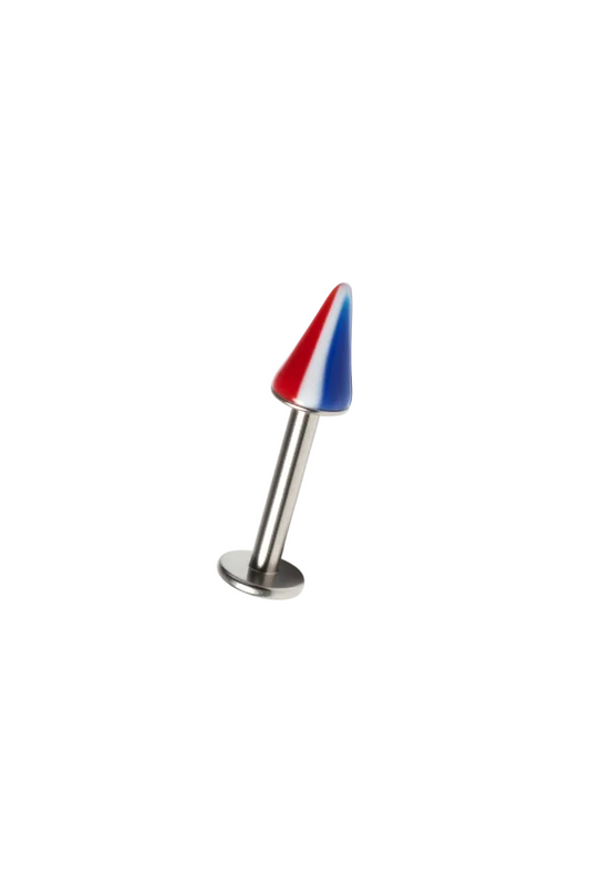Striped Acrylic Spike Labret Lip Ring in 316l stainless steel close up detail.