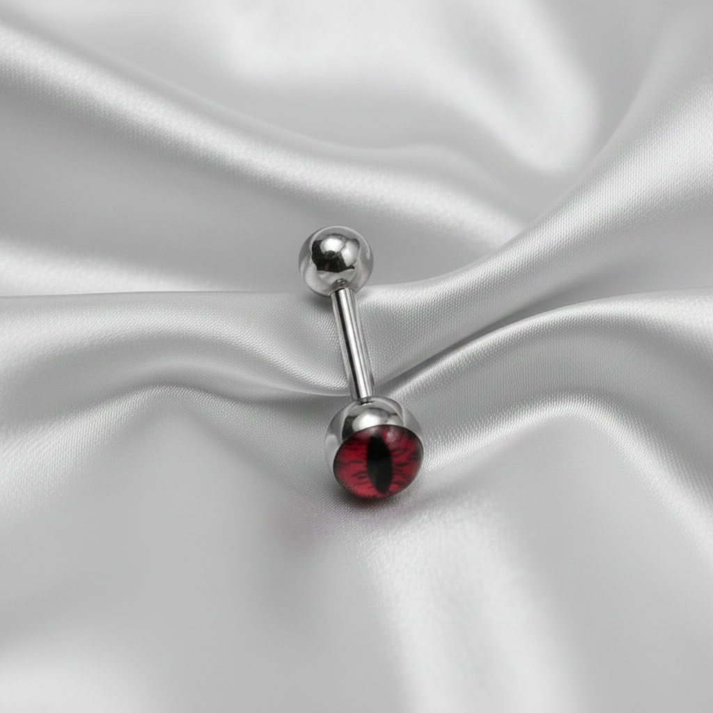 Red Snake Eye tongue barbell in 316l stainless steel