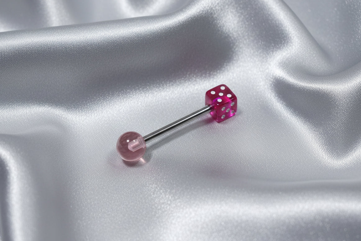 Pink Fuchsia Dice acrylic tongue barbell in 316l stainless steel