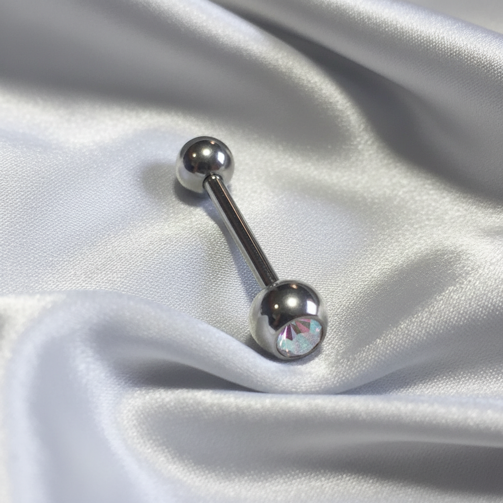 Clear Aurora Crystal tongue barbell in 316l stainless steel