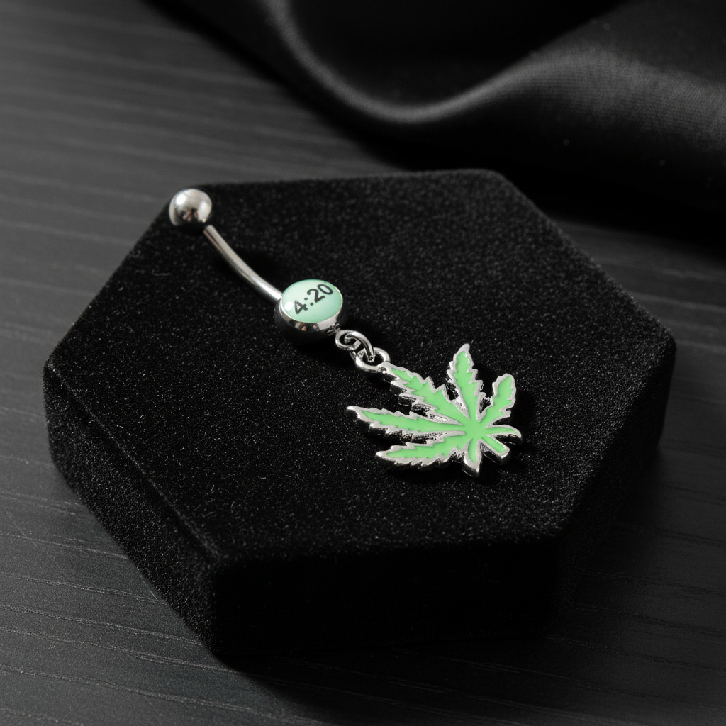 420 Green Leaf Belly Button Ring in 316l stainless steel on a black velvet jewelry display.