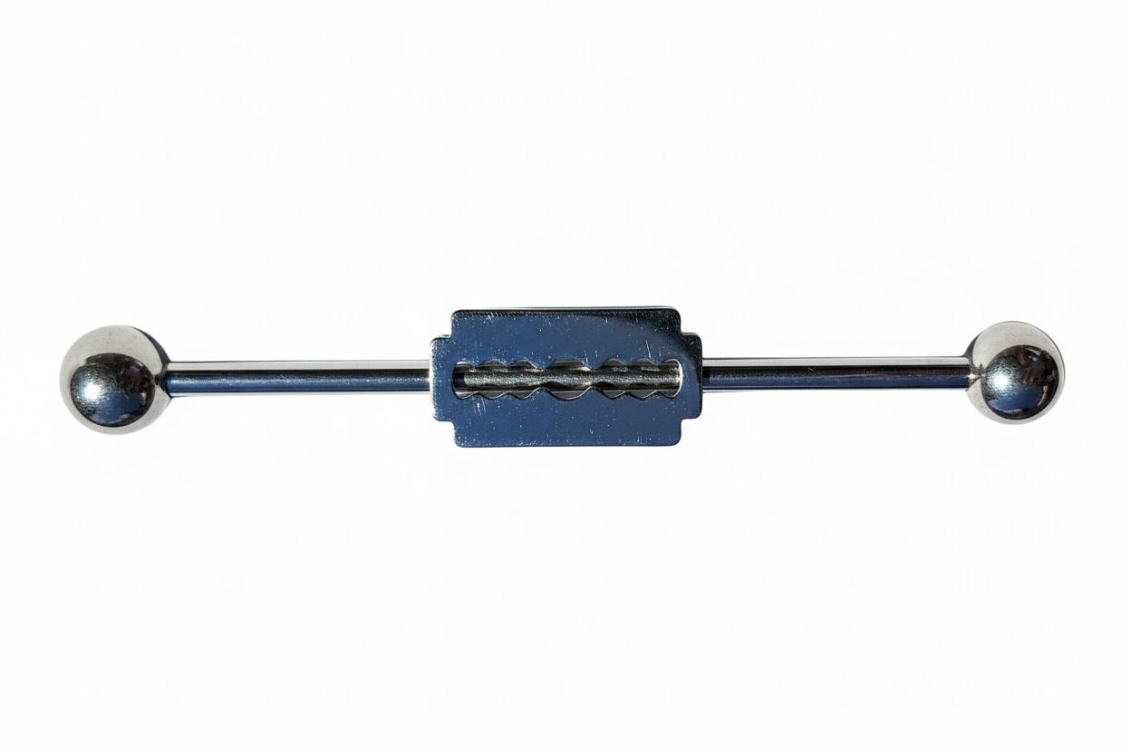 Razor Blade Industrial Ear Barbell in 316l stainless steel horizontal angle