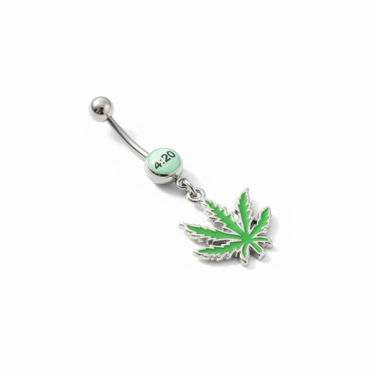 420 Green Leaf Belly Button Ring in 316l stainless steel on a white background in close up detail.